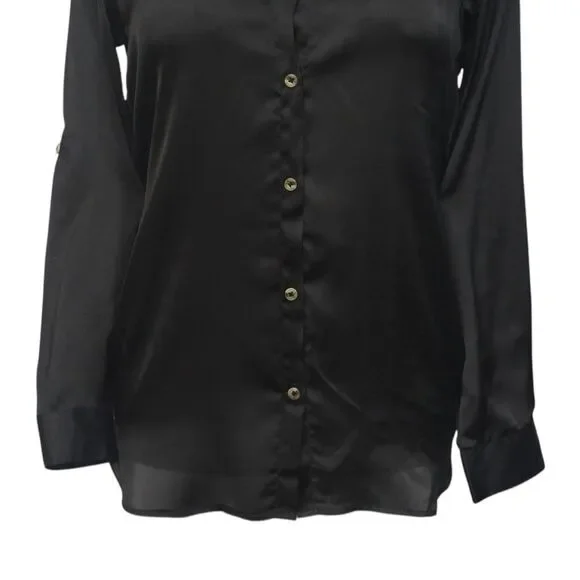 Womens Silky Satin Shirt Black Blouse Button Up Casual Dressy Top Medium Work - Picture 5 of 7